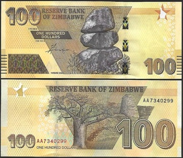 * ZIMBABWE 100 dolarów 2020 P106 stan UNC seria AA