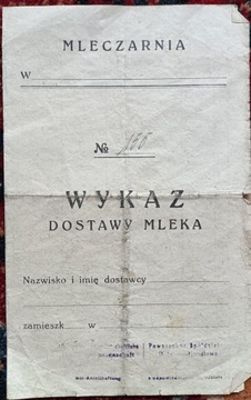 Wykaz dostawy mleka styczeń 1945 okupacja 