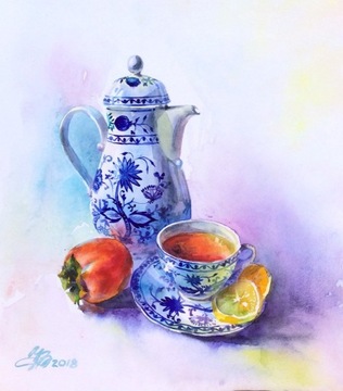 „Persimmon tea” akwarela, papier 340x300 mm