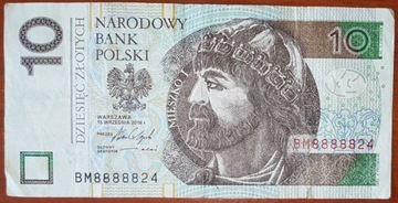Banknot 10 zł o numerze BM 8888824
