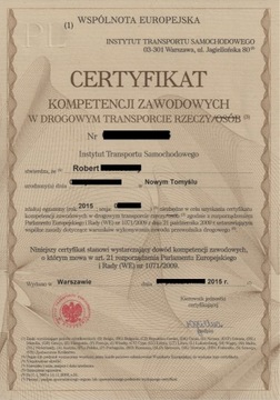 Użyczę Certyfikat kompetencji zawodowych licencja