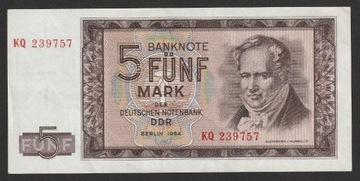 Niemcy NRD DDR 5 marek 1964 - stan bankowy UNC -