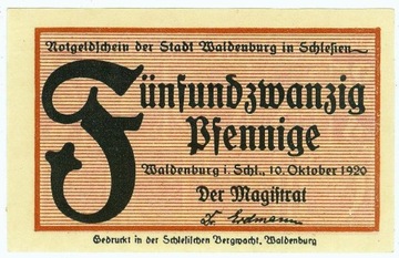 WAŁBRZYCH 25 FENIGÓW 10.10.1920 F inicjał - brąz