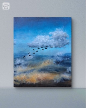 Obraz olejny 50x60 chmury ptaki niebo