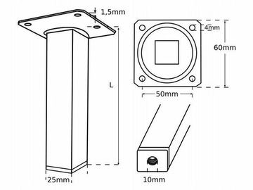Noga metalowa kwadratowa  2,5 x 15 cm czarna