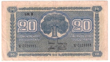 Finlandia, banknot 20 marek 1945 - st. 3