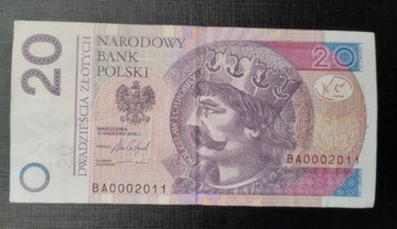 Banknot 20 złotych ciekawy numer BA0002011