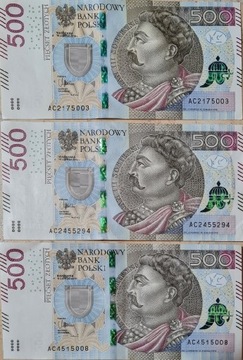 Banknoty 500zł seria AC 3 sztuki