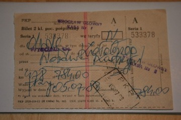 Bilet PKP Wrocław Główny Kołobrzeg 1983r.