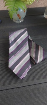 Krawat jedwabny 100% silk w paski fioletowy szary 