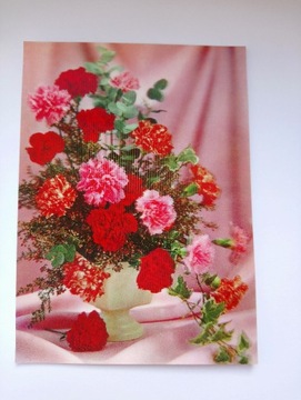 Pocztówka 3D stara - Kwiaty - Goździki w wazonie