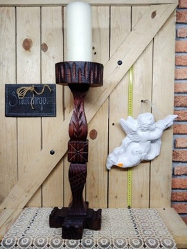 Duży drewniany rzeźbiony świecznik 60 cm
