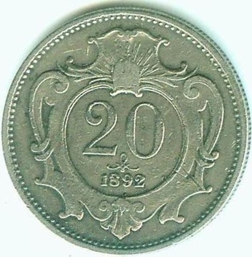 AUSTRIA 20 HELLER 1892 Ni - bardzo ładny stan