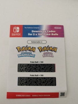 Pokemon Diamon i Pearl Kod DLC na 2x100 Poke Ball 