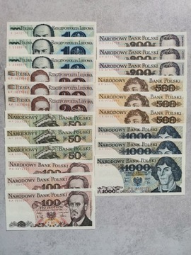 Komplet banknotów od 10 do 1000 zl