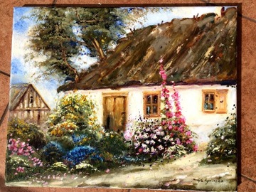 Obraz olejny .Chatka wiejska 50 x 40 cm