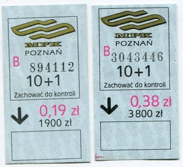 Bilet  MPK Poznań - 0.19złr/1900zł, 0.38zł/3800zł 