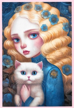 Dziewczynka i kot na współczesnej pocztówce ...
