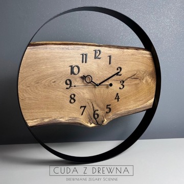 Drewniany zegar w stalowej obręczy | 70cm średnicy