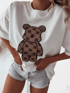 T-shirt damski oversize miś bear 3d ecru  nowość 
