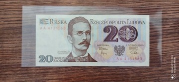 Banknot 20 zł seria AA stan bankowy - UNC.