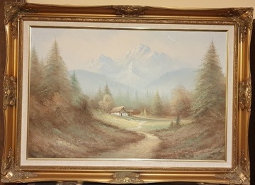 T. Mackay - Obraz olejny- Pejzaż górski w ramie