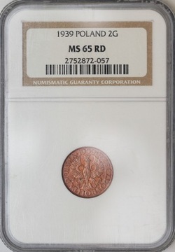 1939 2 grosze NGC MS65 RD czerwony