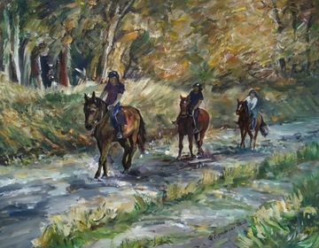 Konie w lesie, droga, olej, 90x70 cm, ArtStudio