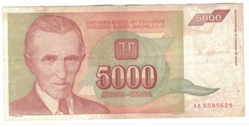 Jugosławia 5000 Dinara, 1993 r obiegowy