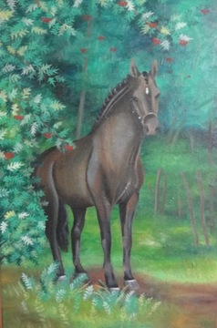 obraz olejny koń konik ogier w lesie