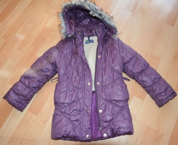 Fioletowy płaszcz zimowy z kapturem, rozmiar 110