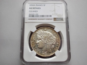 FRANCJA - 5 FRANKÓW 1850 r. CEREZ, NGC AU