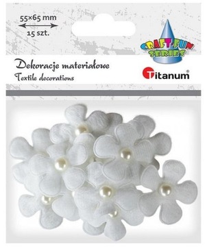 Ozdoba materiałowa kwiaty z perełką biały 15 szt