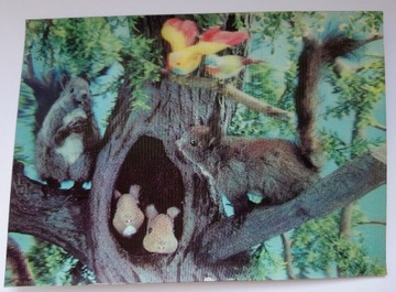 Pocztówka 3D stara - Wiewiórki i ptaki na drzewie
