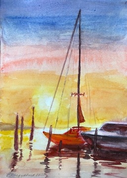 Jacht o zachodzie słońca,akwarela A4 