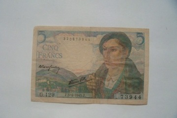 BANKNOT FRANCJA  5 FRANKÓW 1945 r.