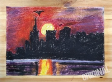 Obraz A3 ,pastele, sygnowany, Miasto zachód Słońca