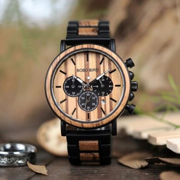 Drewniany męski zegarek Bobo Bird + Drew. Pudełko