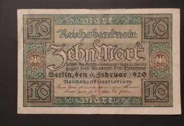 Banknot 10 marek niemieckich , 1920 , Niemcy