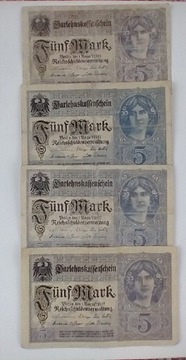 zestaw banknotów 5 marek ,  1917 , Niemcy , 4 szt