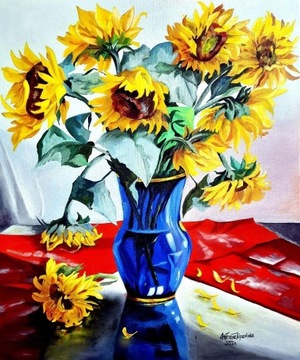"Słoneczniki na stoliku" - Obraz olejny