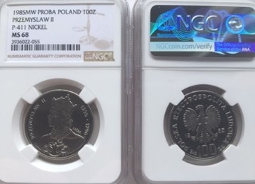 100 ZŁ Próba NIKIEL PRZEMYSŁAW II 1985 NGC MS68