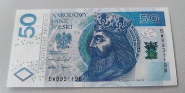 Banknot 50 zł seria BW. UNC.