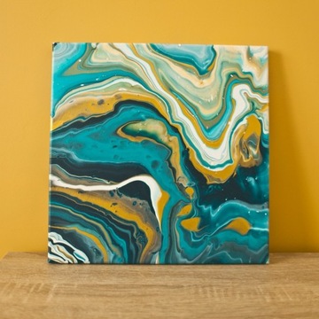 Abstrakcyjny obraz niebieski złoty pouring 30x30