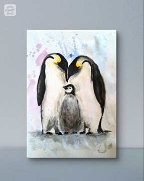 Akwarela Miłość Rodzice Pingwiny macierzyństwo