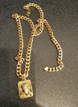 Łańcuszek złoty 585 pancerka 60 cm 8 mm szerokość+wisiorek, medalik 37gr