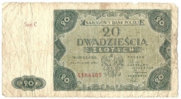 Banknot Polska PRL 20 złotych zł 1947 rok Seria C Stan IV+ F