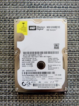 Dysk WD1200BEVS 07-LATO HDD 120GB SATA 2,5" Opis!