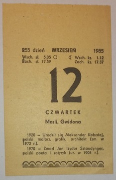 kartka z kalendarza, czwartek 12 września 1985 