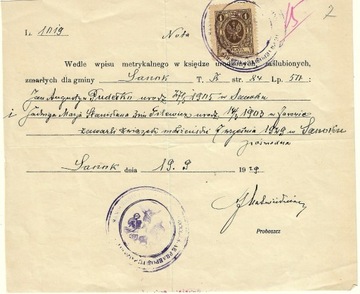 Nota parafii z 19.09.1929 -dot.zawarcia małżeństwa